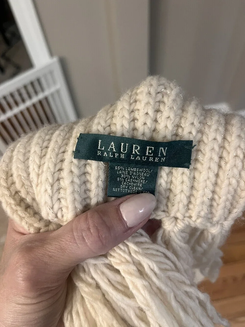 Lauren Ralph Lauren Cream Sparkle Knit Scarf Fringe 100% Wool